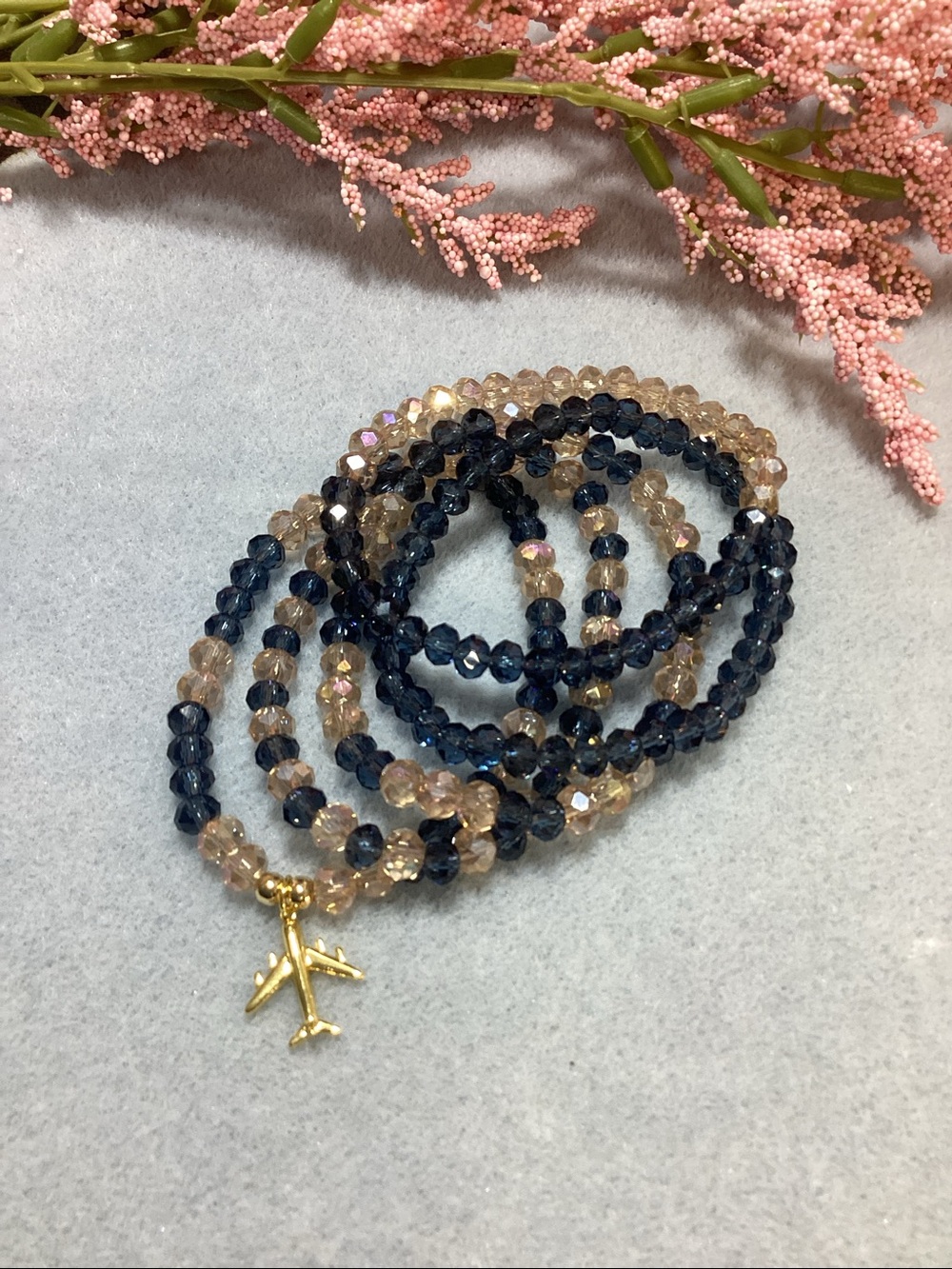 Navy and Champagne Beaded Wrap Bracelet with Gold Airplane Charm